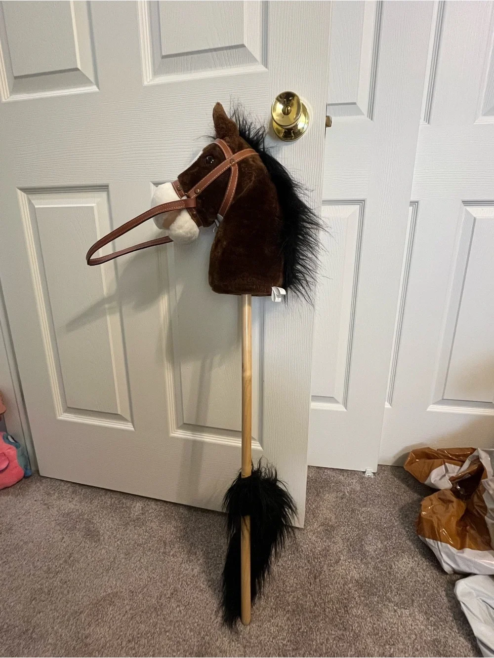 Plush Brown Horse Stick Toy with Bridle